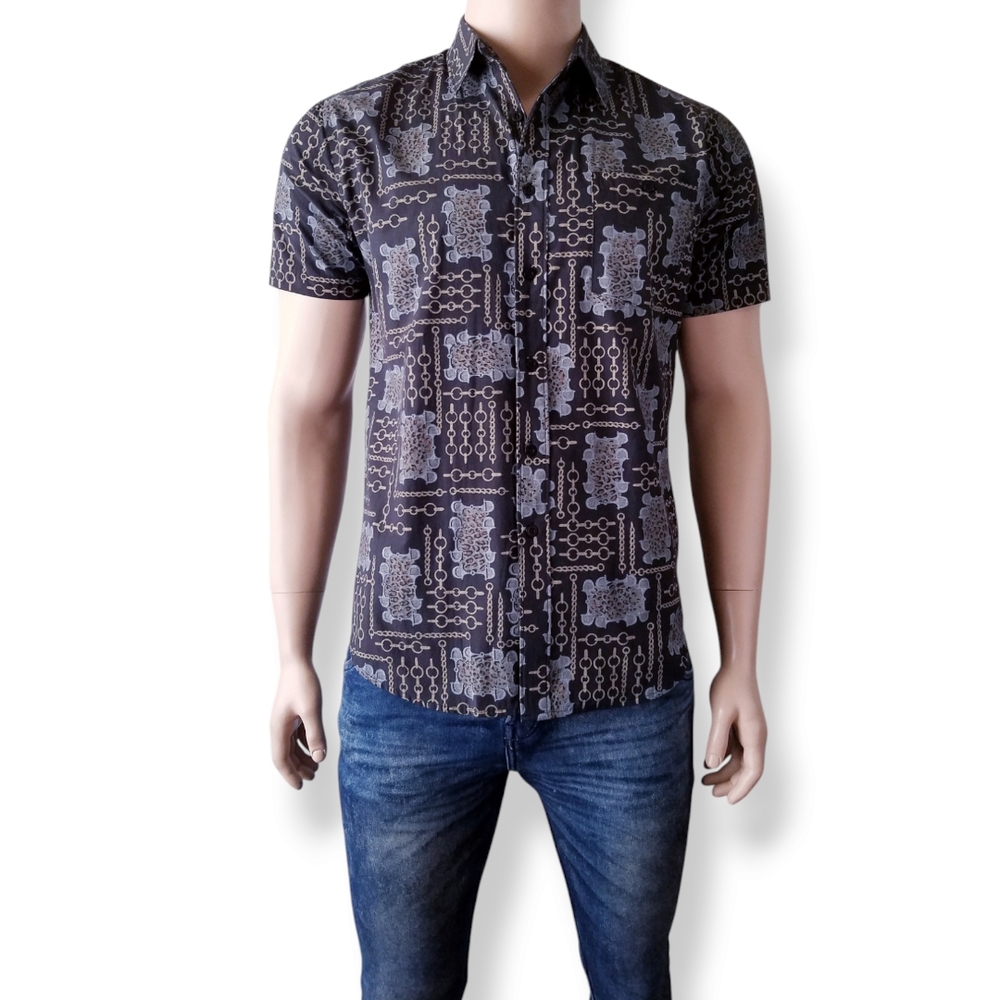 Montage Black & Gold Patterned Short Sleeve Shirt Size Medium